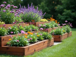 Butterfly Haven Tiers - Diagonal view of natural wood tiered beds filled with butterfly-attracting flowers, purple coneflowers in back, butterfly bush in middle, and creeping lantana in front, butterflies visible