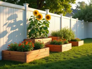 Cascading Cedar Garden Tiers - Photorealistic view of three-tiered cedar raised garden beds against a white fence, cascading from 4 feet to 2 feet tall, planted with tall sunflowers in back, mid-height tomatoes in middle, and trailing nasturtiums in front, golden evening light, 35mm perspective