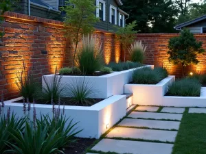 Cascading Square Gardens - White-painted square raised beds at varying heights creating a cascading effect against a brick fence, planted with ornamental grasses and Russian sage, dusk lighting