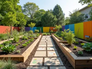 Children's Garden Zone - Wide angle view of child-height raised beds with educational markers, stepping stones, and playful elements integrated into the garden design along a colorful fence