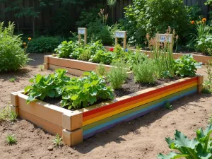 Children's Learning Corner Garden - L-shaped raised bed designed for children's gardening, featuring rainbow-colored section markers, child-sized tools storage, and educational plant labels. Includes sensory plants and easy-to-grow vegetables