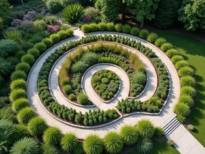 Circular Geometry Garden - Quarter-circle raised beds arranged in a flowing pattern along a curved fence, constructed from smooth concrete with ornamental grasses, aerial view