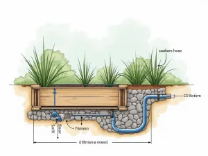 Concealed Irrigation Network - Architectural diagram style illustration showing the cross-section of a raised garden bed with hidden soaker hose system and water distribution network, technical drawing style with measurements