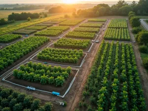 Connected Garden System - Aerial drone view of multiple raised beds showing the complete irrigation network, including water storage, distribution pipes, and smart controls, early morning light