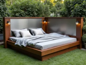 Contemporary Corner Design - L-shaped raised bed featuring brushed steel panels and dark-stained wooden frames, meeting at a modern corner post with integrated solar lighting