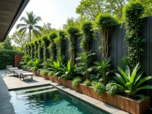 Contemporary Tropical Green Screen - Aerial perspective of a modern fence line with built-in raised planters and vertical panels hosting tropical plants, ferns, and trailing vines, creating a lush privacy screen