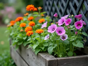 Cottage Garden Climbers - Close-up view of rustic wooden raised bed with dark painted lattice supporting flowering sweet peas and nasturtiums, cottage garden atmosphere