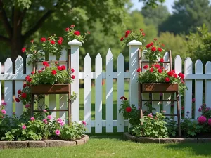 Cottage Garden Vertical Paradise - Wide shot of a painted picket fence with vintage ladder-style planter integration, overflowing raised beds with climbing roses and trailing petunias, romantic garden setting