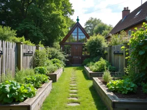 Cottage Garden Zones - Wide-angle view of cottage-style raised beds along a weathered fence, featuring a mix of vegetables and climbing roses. Includes a charming potting bench area and vintage-style cold frames