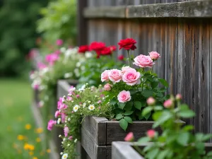 Cottage Style Cascade Garden - Close-up view of rustic wooden tiered beds with climbing roses on the fence, middle tier with cottage perennials, and front tier with trailing lobelia and alyssum, soft bokeh effect