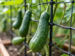 Cucumber Climbing Wall - Close-up shot of cucumber vines climbing on a dark wire mesh trellis system integrated into a cedar raised bed, showing developing cucumbers and tendrils, natural garden setting