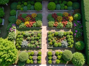 Cutting Garden Display - Aerial view of a dedicated cutting garden zone with raised beds in a geometric pattern, featuring a mix of annual and perennial flowers with complementary colors