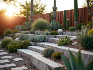 Desert Modern Steps - Low angle shot of concrete tiered beds against a contemporary fence, featuring architectural succulents and desert plants, golden hour lighting emphasizing textures