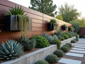 Desert Modern Vertical Garden - Dramatic view of a contemporary fence line with raised concrete beds and mounted steel planters featuring drought-resistant succulents and cascading desert plants