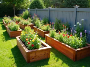 Diamond Pattern Planters - Diamond-shaped cedar raised beds arranged in an interlocking pattern along a grey fence, filled with colorful annual flowers, wide-angle view in morning light