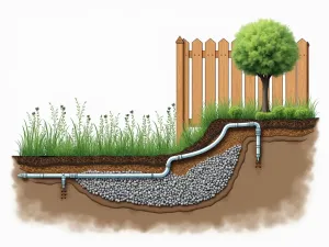 Drainage System Installation - Technical cross-section view of a raised garden bed showing proper drainage system installation along a fence line, with layers of gravel, soil, and irrigation pipes visible, architectural style illustration