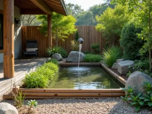 Eco-Friendly Irrigation - Natural perspective of a rustic raised bed with bamboo water distribution system connecting to rain barrel, zen garden style with gravel surroundings