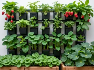 Edible Living Wall System - Detailed view of a modular green wall system with integrated irrigation, featuring strawberry towers, herb pockets, and leafy greens growing from raised beds below