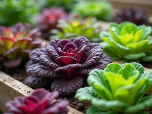 Edible Rainbow Tiers - Close-up detail of three-tiered vegetable garden with purple kale, rainbow chard, and multicolored lettuce creating a living color palette, natural wood beds, water droplets visible