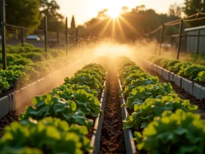 Elevated Garden Watering - Aerial view of multiple raised beds along a fence line showing integrated irrigation system in action, fine water mist visible in golden hour lighting