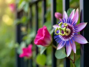 Flowering Vine Showcase - Close-up detail of a dark powder-coated trellis system with blooming passion flower and sweet peas creating a colorful contrast, bokeh background effect