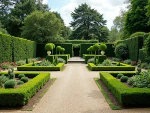 Formal Garden Living Wall - Wide angle view of a classic formal garden featuring symmetrical raised beds with boxwood borders and elegant wall-mounted topiaries in geometric planters