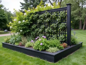 Four-Season Trellis Garden - Side view of permanent raised bed structure with black powder-coated trellis featuring evergreen clematis and winter jasmine, showing year-round interest