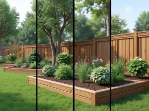 Four Seasons Garden Layout - Split-screen visualization showing the same raised garden bed along a fence through all four seasons, showcasing different plantings and maintenance needs, artistic rendering with realistic details