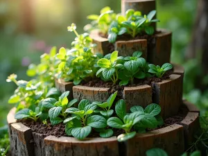 Herb Spiral Tiers - Close-up view of spiral-inspired tiered herb garden with different culinary herbs on each level, rustic wood construction, dew-covered herbs in morning light