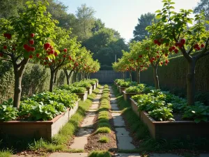 Heritage Fruit Cascade - Wide angle view of stepped vintage-style beds with espaliered fruit trees against fence, strawberries cascading over front edges, morning light