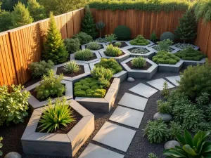 Hexagonal Garden Pattern - Modern geometric raised garden beds arranged in a honeycomb pattern along a wooden fence, featuring alternating heights with succulents and herbs, shot from above, warm evening light, photorealistic