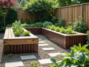 Industrial Chic Corner Garden - Close-up of an L-shaped raised bed constructed with corrugated metal and timber, featuring modern magnetic tool storage and floating bench design. Contemporary planting with architectural plants