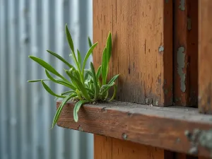 Industrial Chic Garden Detail - Macro shot showing the textural contrast between weathered zinc-coated corrugated metal and smooth teak wood joinery, with emerging green shoots adding organic elements