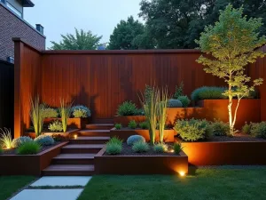 Industrial Modern Cascade - Wide shot of cor-ten steel tiered beds against a modern fence, architectural plants creating strong vertical lines, dramatic evening lighting