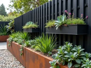 Industrial Modern Green Wall - Close-up of a black metal fence with mounted steel planters and raised cor-ten steel beds, featuring succulent varieties and trailing silver falls dichondra, urban garden style