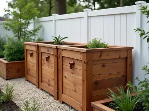 Integrated Composting Station - Close-up of an elegant cedar composting station seamlessly integrated into a raised bed system along a white fence. Three-bay design with copper hardware and hidden storage for garden tools