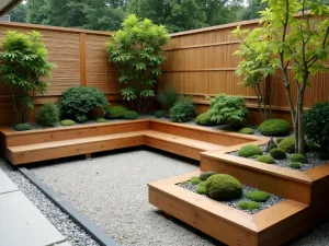 Japanese Inspired Corner Garden - Close-up of an L-shaped raised bed with Japanese design elements, featuring bamboo screening, moss gardens, and minimalist bench design. Clean lines with gravel accents