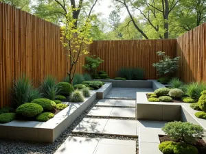 Japanese-Inspired Vertical Garden Wall - Wide-angle shot of a minimalist fence line with bamboo accents, featuring tiered raised beds and geometric modular planters, filled with cascading moss and ornamental grasses, zen garden atmosphere