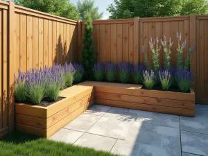 L-Shaped Corner Garden with Built-in Bench - Photorealistic view of an L-shaped raised garden bed in a corner against wooden fences, featuring a modern built-in wooden bench, filled with lavender, sage, and thyme. Natural wooden finish, stone pathway leading to seating area, afternoon lighting