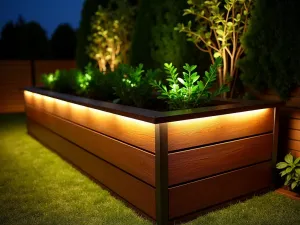 LED Illuminated Garden Bed - Close-up nighttime shot of a contemporary raised bed with warm LED strip lighting under wooden cap rails, illuminating steel panels and casting dramatic shadows through climbing plants