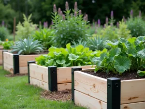 Linear Gradient Design - Rectangular raised beds arranged in a gradient of heights, made from light wood with black metal trim, featuring ornamental vegetables, side view