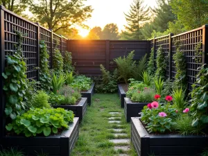 Living Wall Display - Wide angle view of multiple raised beds with black lattice panels creating a dramatic living wall effect, mixed with morning glory and snap peas, evening golden hour lighting