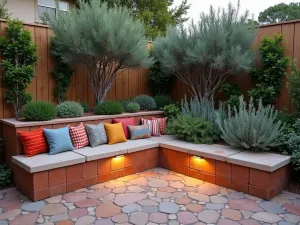 Mediterranean Style Corner Garden - L-shaped raised bed with terracotta accents and Mediterranean-style tiling, featuring rosemary, oregano, and olive shrubs. Built-in stone bench with colorful cushions, evening lighting