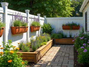 Mediterranean Herb Wall Garden - Aerial view of a sun-drenched raised bed system with terracotta pocket planters mounted on a white-washed fence, abundant with lavender, rosemary, and trailing nasturtiums