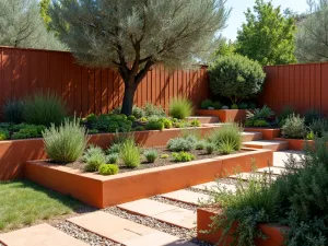 Mediterranean Stepped Garden - Diagonal view of terracotta-colored composite beds stepping down from fence, planted with drought-resistant Mediterranean herbs, olive tree in back, and trailing rosemary, strong afternoon light