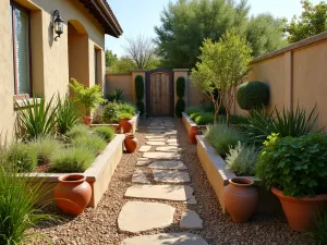 Mediterranean Style Integration - Wide angle view of raised garden beds with Mediterranean-style plantings along a stucco fence, terracotta pots, herbs, and drought-resistant plants, warm afternoon light