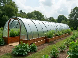 Mini Greenhouse Zone - Wide angle shot of a series of raised beds connected by a sleek mini greenhouse tunnel, featuring automatic vents and integrated storage beneath the growing spaces