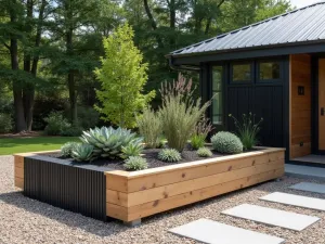 Minimalist Garden Structure - Clean-lined raised bed with black corrugated metal and light oak accents, featuring a simple arrangement of structural plants and zen-like gravel surrounds