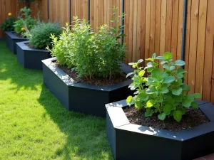 Mixed Geometry Garden - Combination of hexagonal and rectangular raised beds in black composite material along a natural wood fence, featuring Mediterranean herbs, aerial perspective