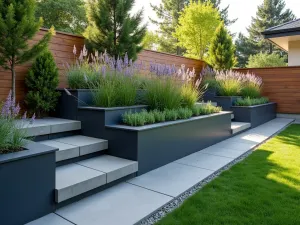 Modern Composite Stepped Garden - Wide-angle shot of sleek dark gray composite stepped raised beds spanning 20 feet along a contemporary fence, featuring ornamental grasses, lavender, and creeping thyme, with clean geometric lines, afternoon lighting